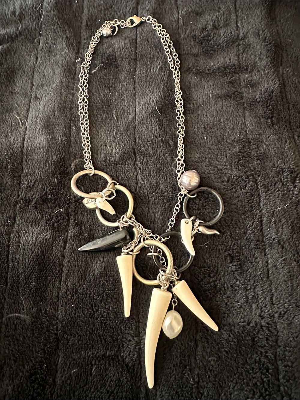 Silver-Tone Multi-Ring Necklace with Ivory Horn & Pearl Charms